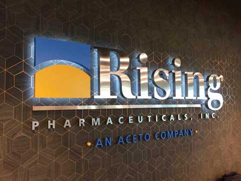 Fabricated stainless steel lighted sign depicying the rising company