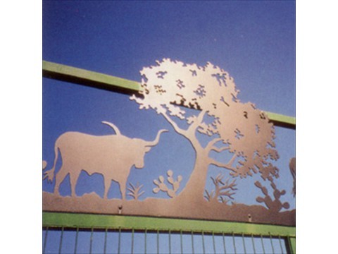 corten steel graphic cutouts over ranch entrance